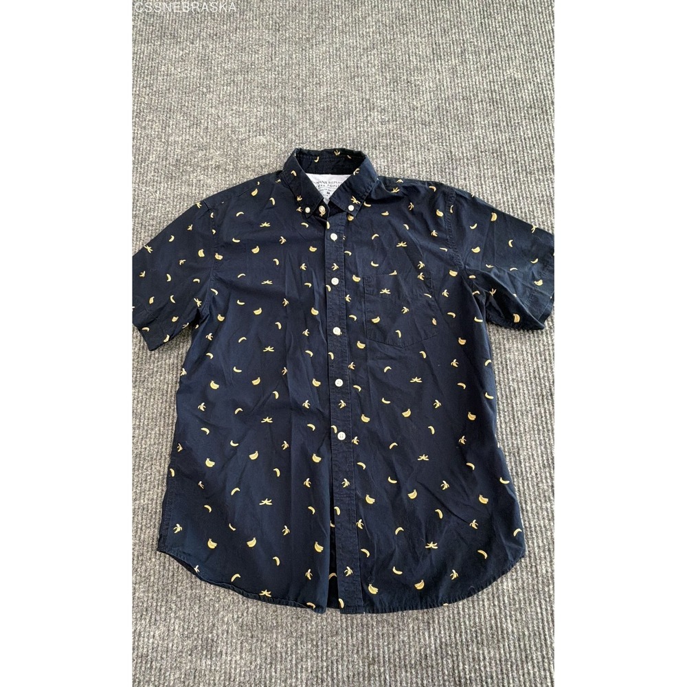 Banana Republic Men's Navy Blue Banana Print Luxe Poplin Slim Fit Shirt Sz‎ M
